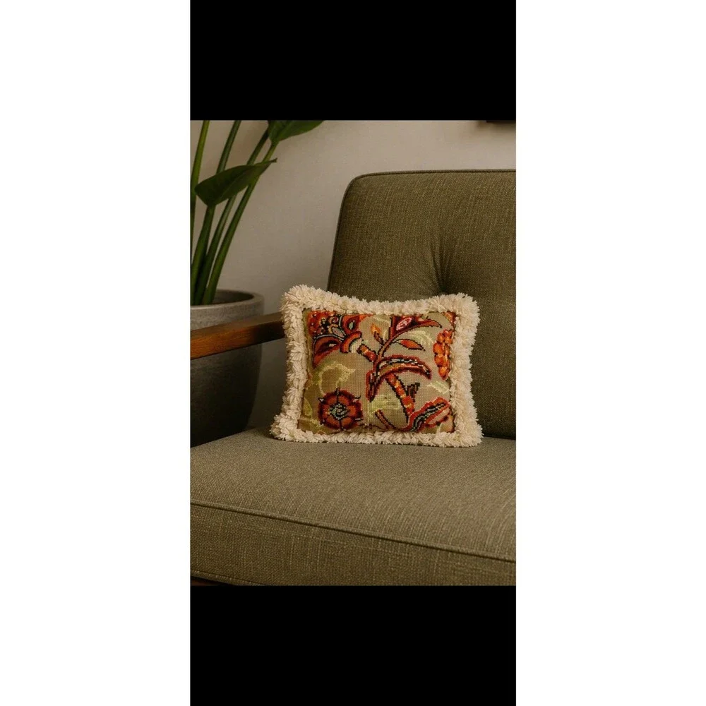 Grandma Chic Needlepoint 70’s Pillow With Orange Velvet Backing